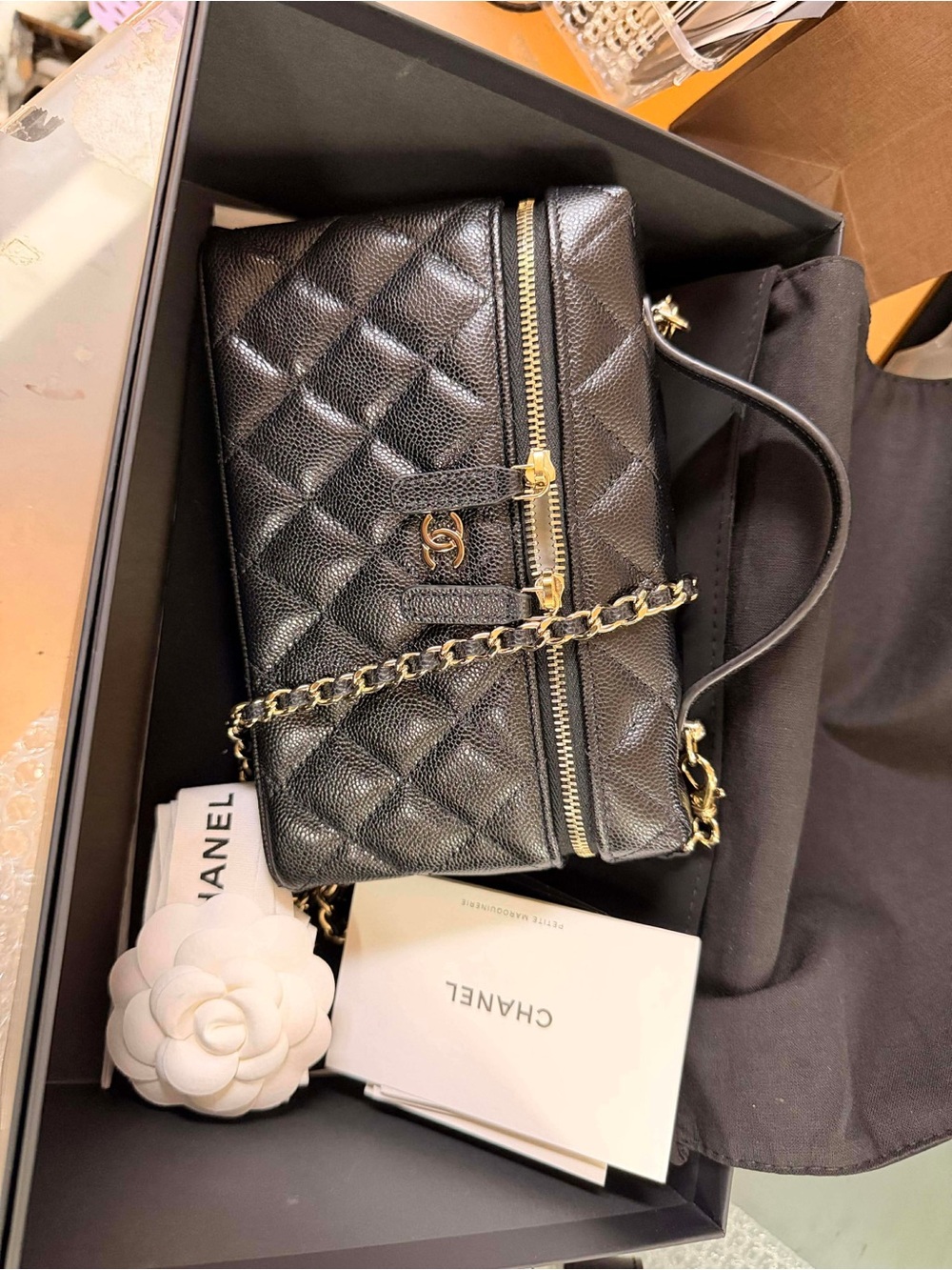 CHANEL Black Quilted Caviar Leather Top Handle Slim Vanity Bag with Gold Chain